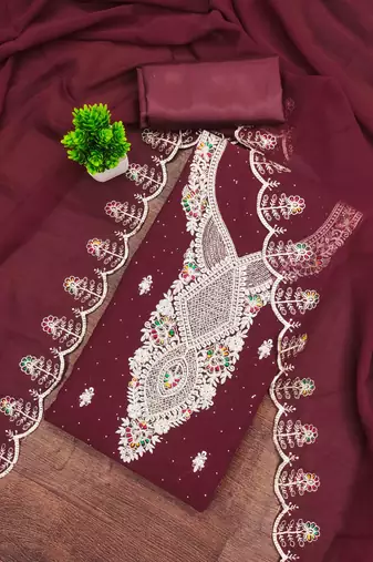 maroon georgette embroidered unstitched dressmaterials 3 pair top bottom dupptaa