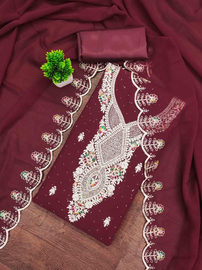 maroon georgette embroidered unstitched dressmaterials 3 pair top bottom dupptaa