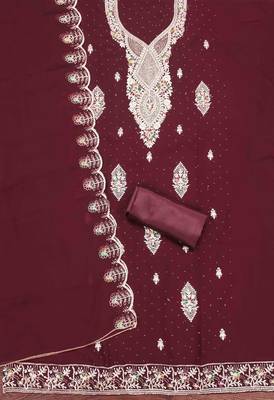 maroon georgette embroidered unstitched dressmaterials 3 pair top bottom dupptaa 2