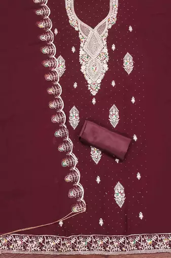 maroon georgette embroidered unstitched dressmaterials 3 pair top bottom dupptaa