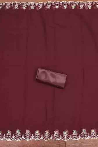 maroon georgette embroidered unstitched dressmaterials 3 pair top bottom dupptaa
