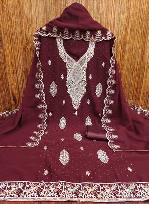 maroon georgette embroidered unstitched dressmaterials 3 pair top bottom dupptaa 4