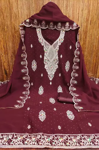 maroon georgette embroidered unstitched dressmaterials 3 pair top bottom dupptaa