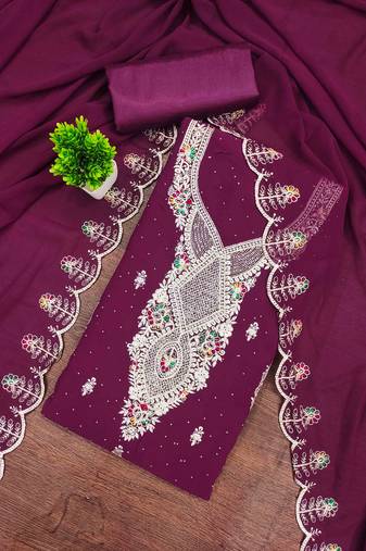 wine georgette embroidered unstitched dressmaterials 3 pair top bottom dupptaa