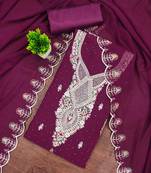 wine georgette embroidered unstitched dressmaterials 3 pair top bottom dupptaa