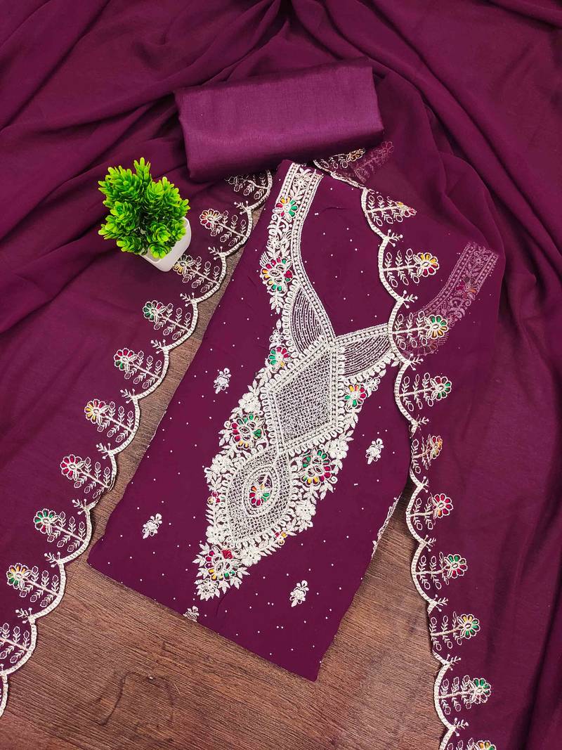 wine georgette embroidered unstitched dressmaterials 3 pair top bottom dupptaa