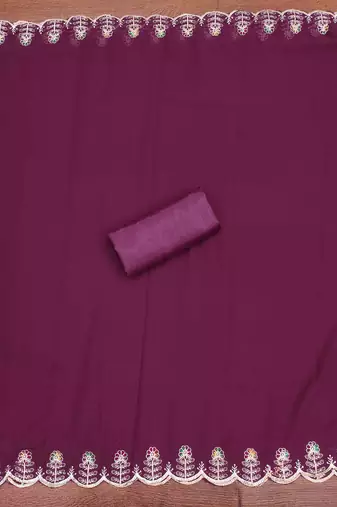 wine georgette embroidered unstitched dressmaterials 3 pair top bottom dupptaa