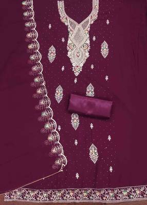 wine georgette embroidered unstitched dressmaterials 3 pair top bottom dupptaa 3