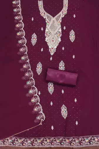 wine georgette embroidered unstitched dressmaterials 3 pair top bottom dupptaa