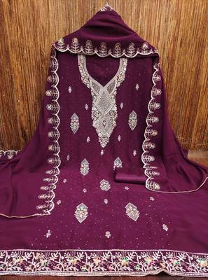wine georgette embroidered unstitched dressmaterials 3 pair top bottom dupptaa 4
