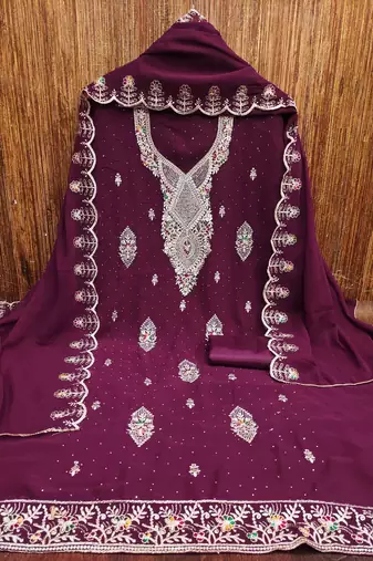 wine georgette embroidered unstitched dressmaterials 3 pair top bottom dupptaa