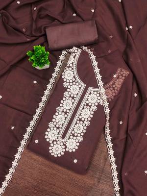 brown georgette embroidered unstitched dressmaterials 3 pair top bottom dupptaa 1