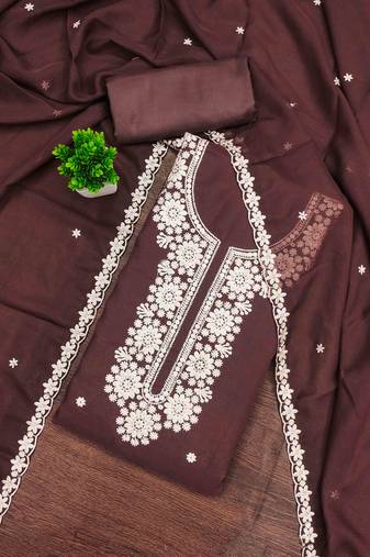 brown georgette embroidered unstitched dressmaterials 3 pair top bottom dupptaa