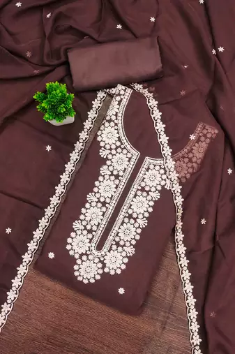 brown georgette embroidered unstitched dressmaterials 3 pair top bottom dupptaa