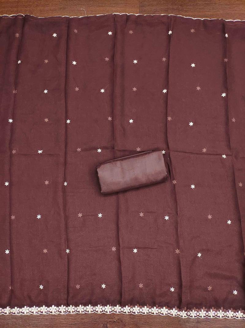 brown georgette embroidered unstitched dressmaterials 3 pair top bottom dupptaa