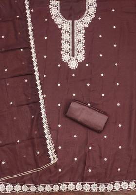 brown georgette embroidered unstitched dressmaterials 3 pair top bottom dupptaa 3