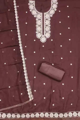 brown georgette embroidered unstitched dressmaterials 3 pair top bottom dupptaa