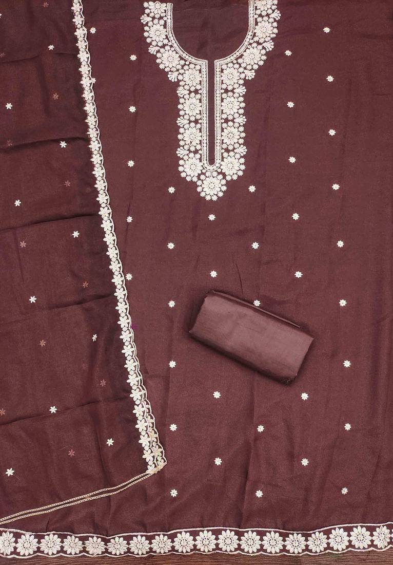 brown georgette embroidered unstitched dressmaterials 3 pair top bottom dupptaa