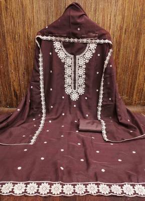 brown georgette embroidered unstitched dressmaterials 3 pair top bottom dupptaa 4