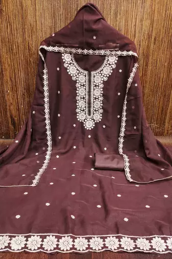 brown georgette embroidered unstitched dressmaterials 3 pair top bottom dupptaa
