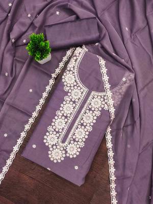 lavender georgette embroidered unstitched dressmaterials 3 pair top bottom dupptaa 1