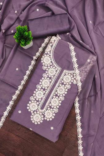 lavender georgette embroidered unstitched dressmaterials 3 pair top bottom dupptaa