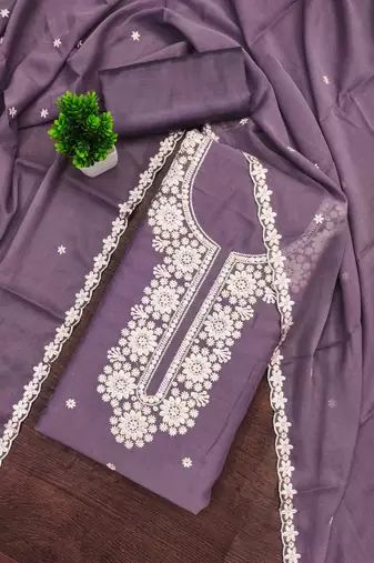 lavender georgette embroidered unstitched dressmaterials 3 pair top bottom dupptaa