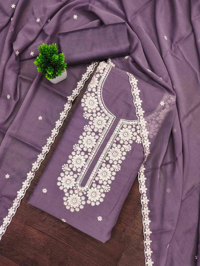 lavender georgette embroidered unstitched dressmaterials 3 pair top bottom dupptaa