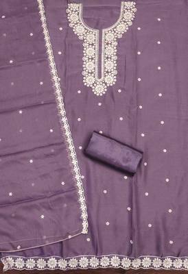 lavender georgette embroidered unstitched dressmaterials 3 pair top bottom dupptaa 3