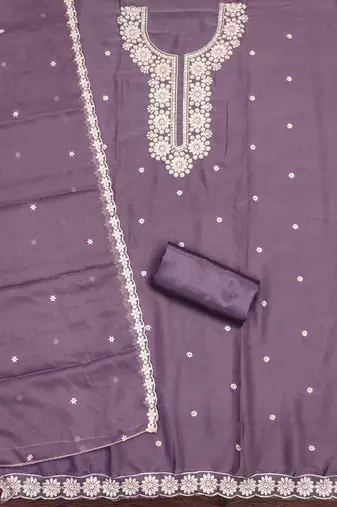 lavender georgette embroidered unstitched dressmaterials 3 pair top bottom dupptaa