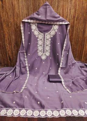 lavender georgette embroidered unstitched dressmaterials 3 pair top bottom dupptaa 4