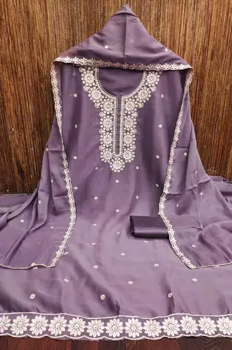 lavender georgette embroidered unstitched dressmaterials 3 pair top bottom dupptaa