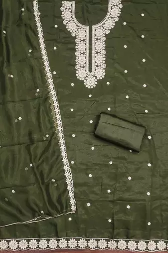 sea green georgette embroidered unstitched dressmaterials 3 pair top bottom dupptaa