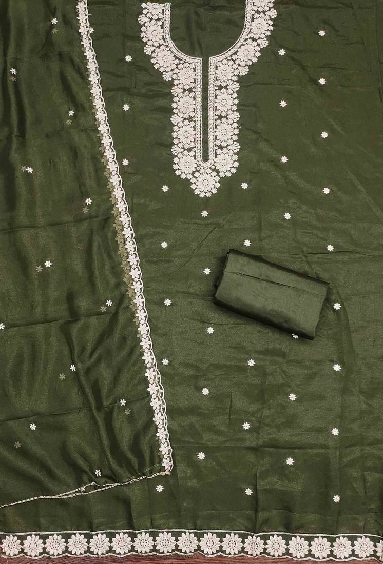 sea green georgette embroidered unstitched dressmaterials 3 pair top bottom dupptaa
