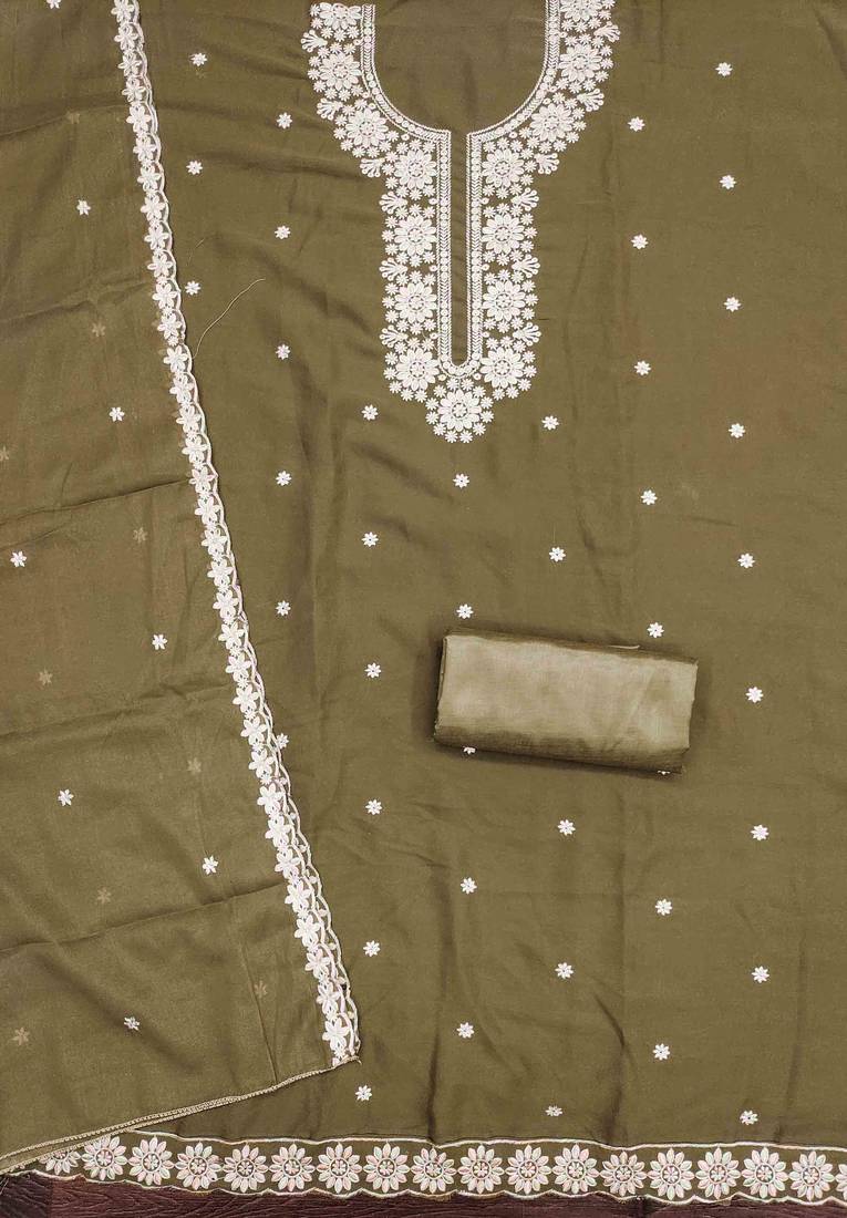 sea green georgette embroidered unstitched dressmaterials 3 pair top bottom dupptaa