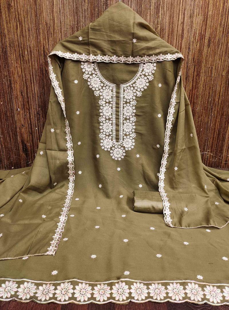 sea green georgette embroidered unstitched dressmaterials 3 pair top bottom dupptaa