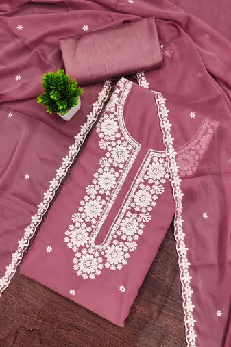 pink georgette embroidered unstitched dressmaterials 3 pair top bottom dupptaa
