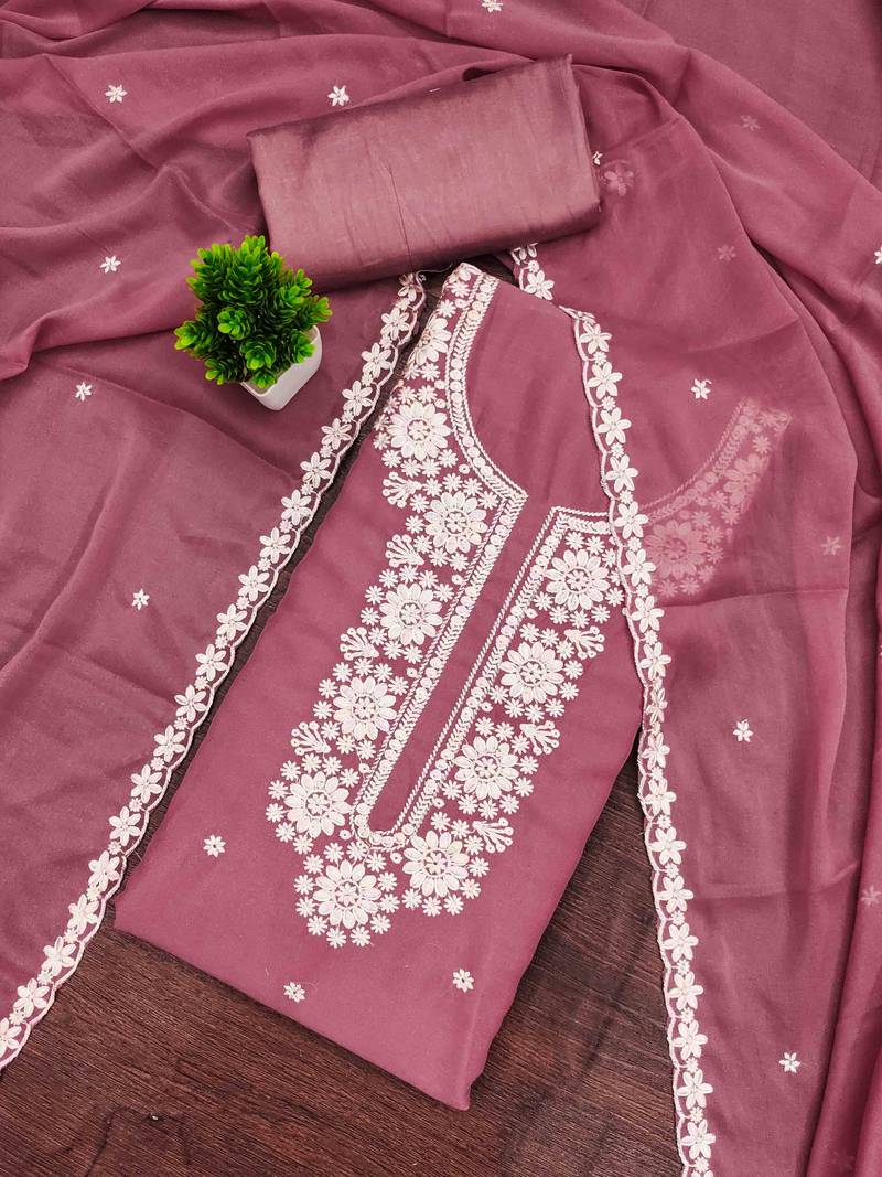 pink georgette embroidered unstitched dressmaterials 3 pair top bottom dupptaa