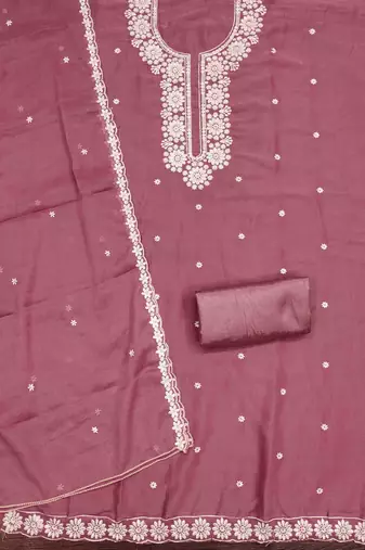 pink georgette embroidered unstitched dressmaterials 3 pair top bottom dupptaa