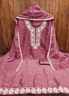 pink georgette embroidered unstitched dressmaterials 3 pair top bottom dupptaa 4