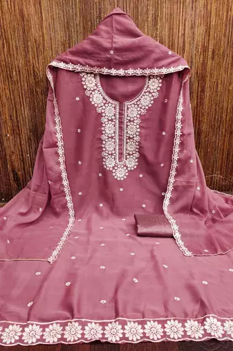 pink georgette embroidered unstitched dressmaterials 3 pair top bottom dupptaa