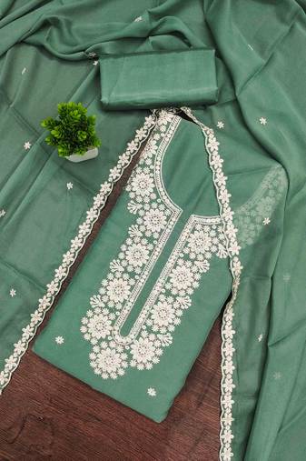 sea green georgette embroidered unstitched dressmaterials 3 pair top bottom dupptaa