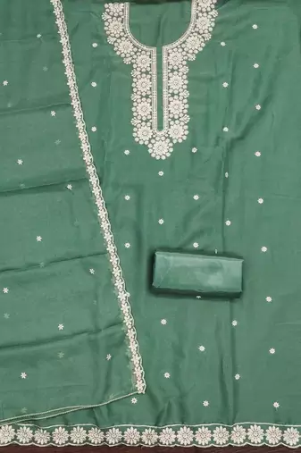 sea green georgette embroidered unstitched dressmaterials 3 pair top bottom dupptaa