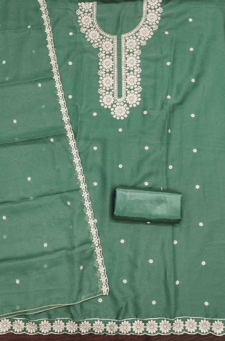 sea green georgette embroidered unstitched dressmaterials 3 pair top bottom dupptaa