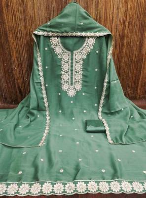 sea green georgette embroidered unstitched dressmaterials 3 pair top bottom dupptaa 3