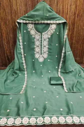sea green georgette embroidered unstitched dressmaterials 3 pair top bottom dupptaa