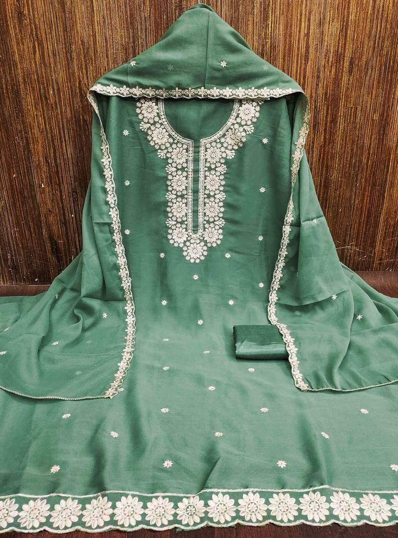 sea green georgette embroidered unstitched dressmaterials 3 pair top bottom dupptaa