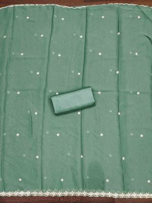 sea green georgette embroidered unstitched dressmaterials 3 pair top bottom dupptaa 4