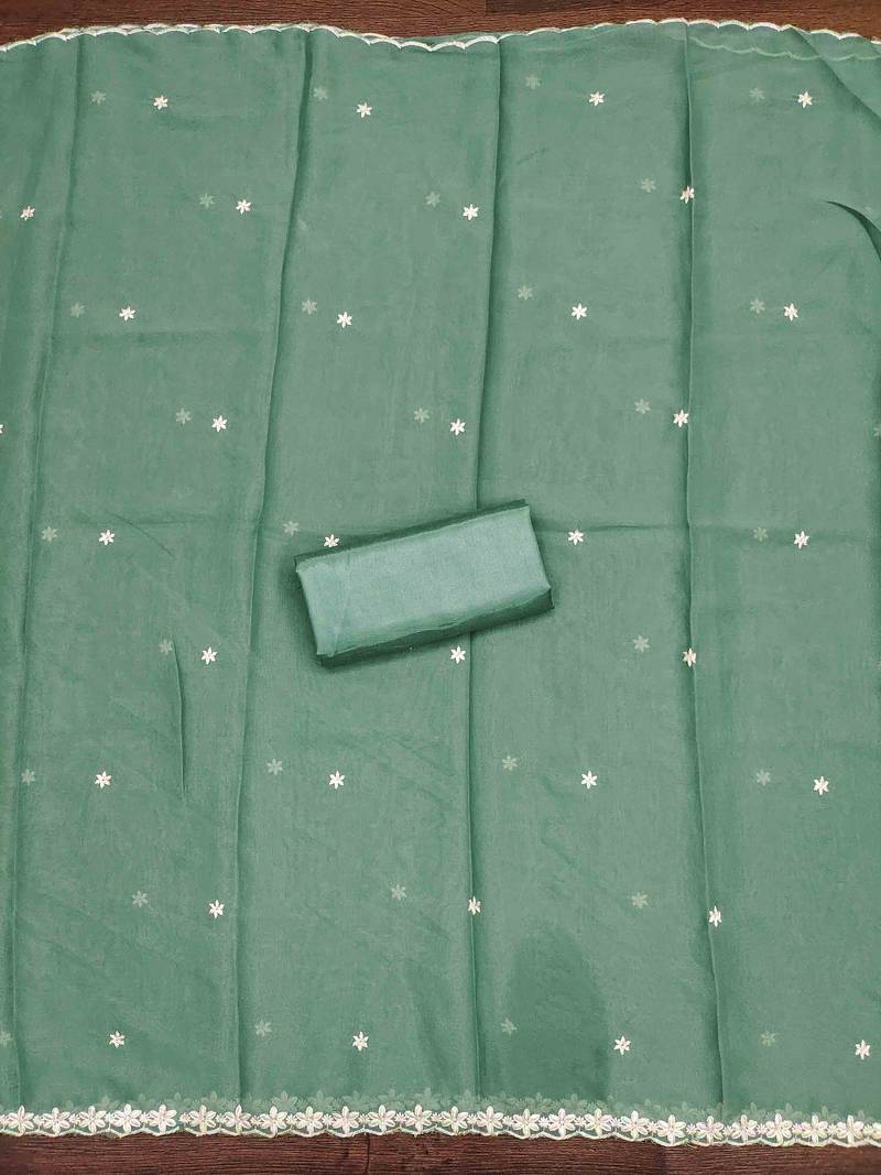 sea green georgette embroidered unstitched dressmaterials 3 pair top bottom dupptaa