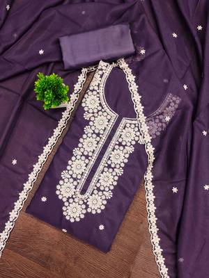 purple georgette embroidered unstitched dressmaterials 3 pair top bottom dupptaa 1